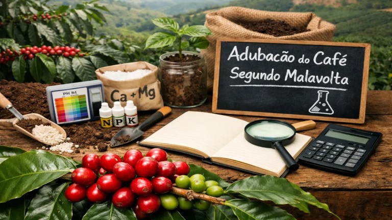 Adubação do café segundo Malavolta com frutos de café, solo, fertilizantes e ferramentas de análise