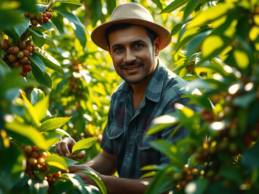 Homem sorridente com chapéu de palha entre pés de café carregados de frutos vermelhos e verdes.