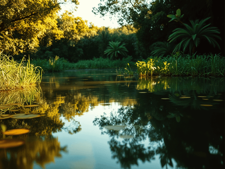 Viveiro de adubação na piscicultura com água tranquila cercada de vegetação densa — ambiente ideal para criação de peixes