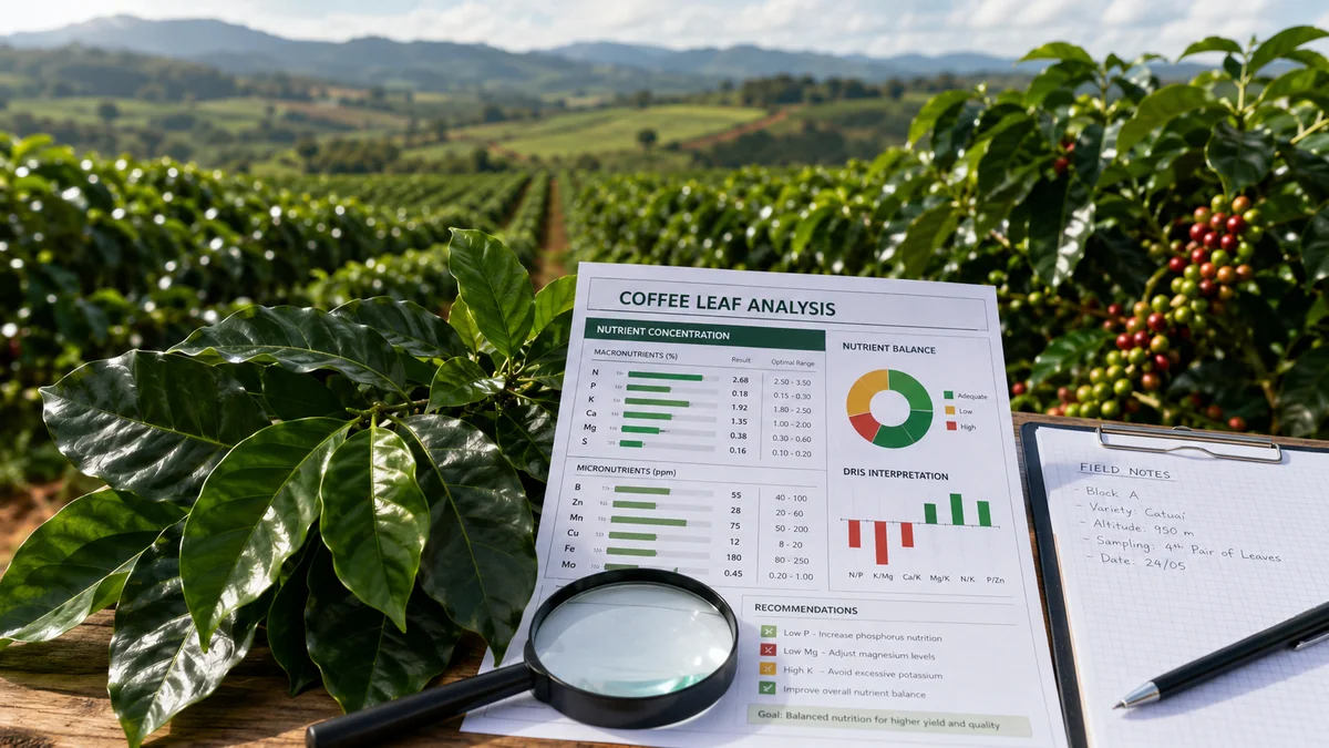 Análise foliar no café com folhas de cafeeiro, laudo nutricional, laboratório e lavoura ao fundo