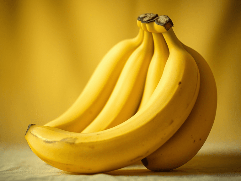 Cacho de bananas maduras com cascas amarelas vibrantes, disposto sobre uma superfície com fundo amarelo suave.