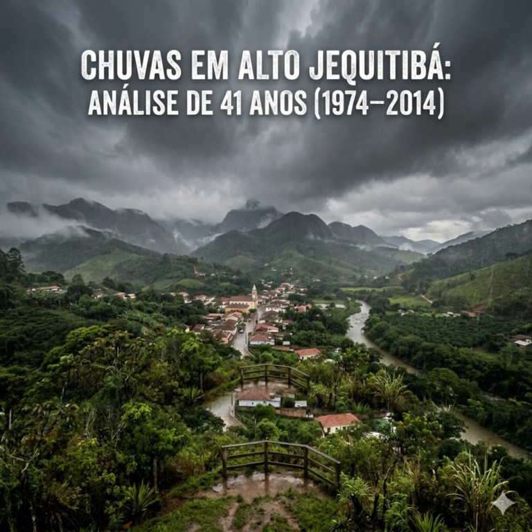 Vista de Alto Jequitibá sob céu carregado e chuva intensa, com montanhas, rio e área urbana, ilustrando a análise de chuvas entre 1974 e 2014
