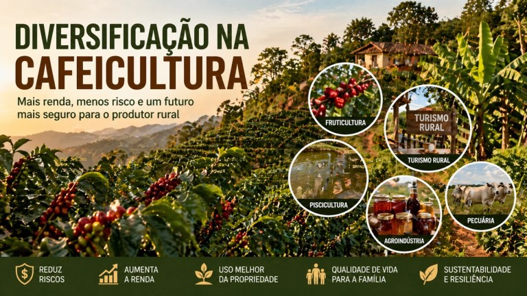 Cafezal em propriedade rural diversificada com fruticultura, turismo rural, piscicultura, agroindústria e pecuária