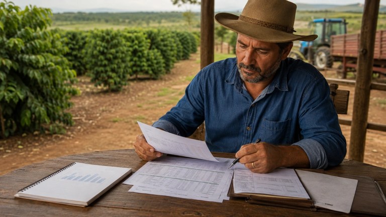 Agricultor analisando custos e contrato de crédito rural na propriedade