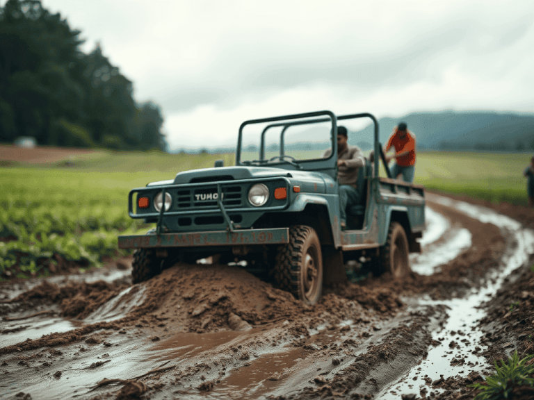 Estrada rural com atoleiro corrigido com solo-cimento, drenagem lateral e pista compactada