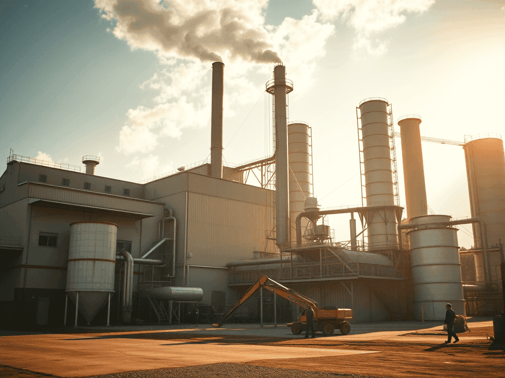 Vista de uma instalação industrial moderna, com torres altas, chaminés emitindo vapor e equipamentos pesados, iluminada pela luz do sol ao entardecer.