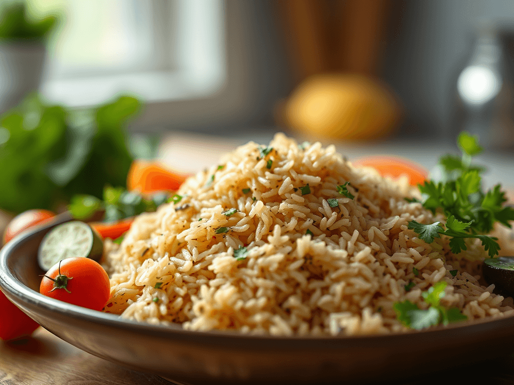Arroz integral na alimentação equilibrada servido em prato com ervas frescas, tomate e limão