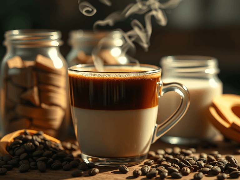 Copo transparente de café com leite fumegante, com grãos de café espalhados e potes de ingredientes ao fundo, em um ambiente iluminado.