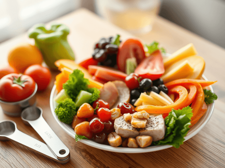 Prato colorido com legumes, proteínas e grãos ilustrando dieta equilibrada e alimentação sustentável