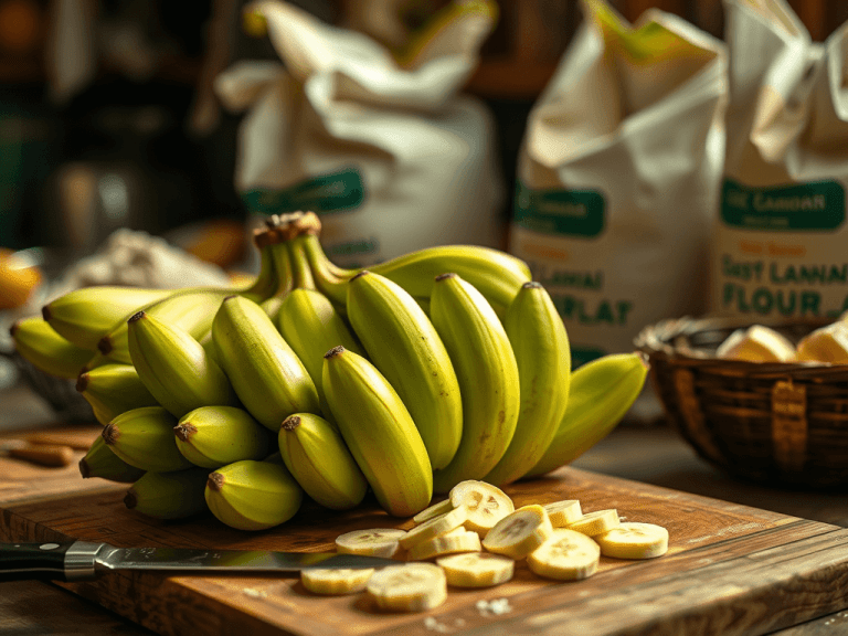 Farinha de banana verde e bananas verdes frescas sobre uma tábua de madeira, prontas para industrialização e preparo culinário.