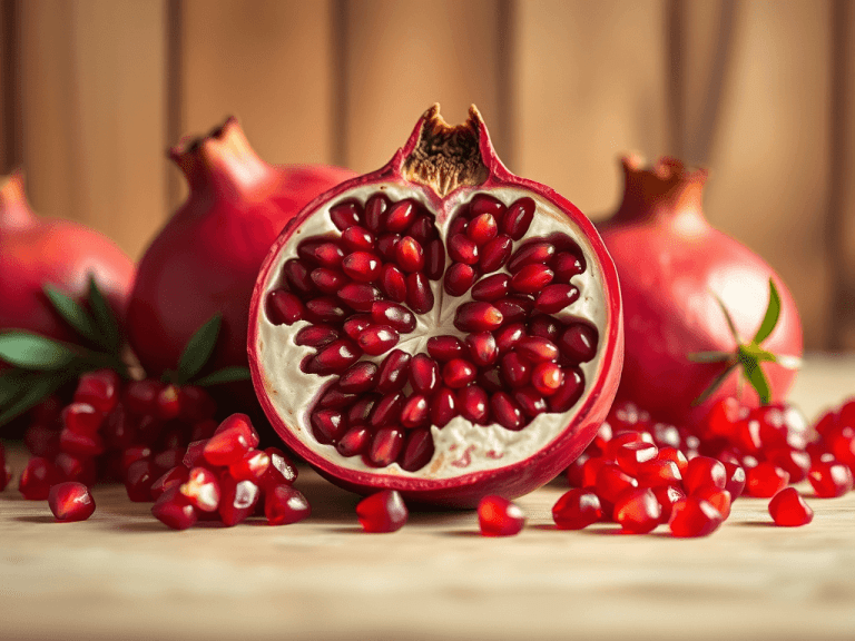 Benefícios da romã para a saúde em fruta aberta com sementes vermelhas.