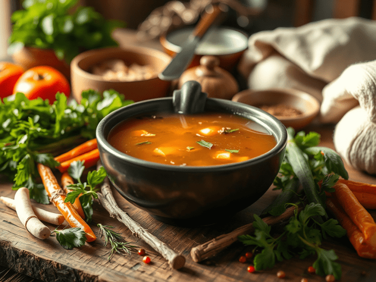 Caldo de ossos caseiro servido em tigela com vegetais e ervas frescas