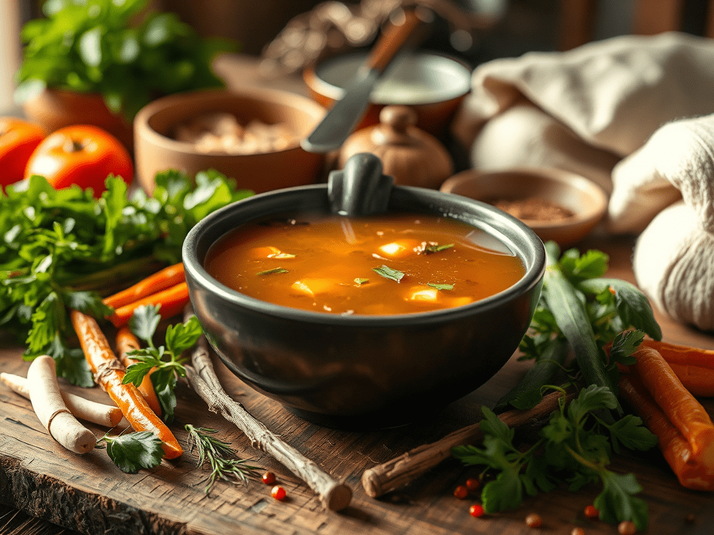 Caldo de ossos caseiro servido em tigela com vegetais e ervas frescas