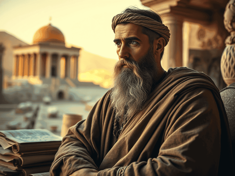 Flávio Josefo em ambiente histórico com livros, pergaminhos e arquitetura do século I