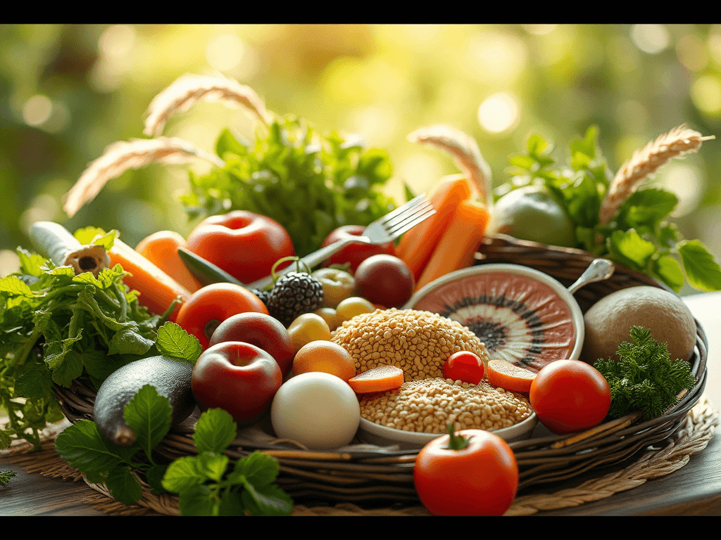 Cesta com vegetais frescos, frutas, grãos e sementes, destacando alimentos naturais benéficos para o sistema digestivo.