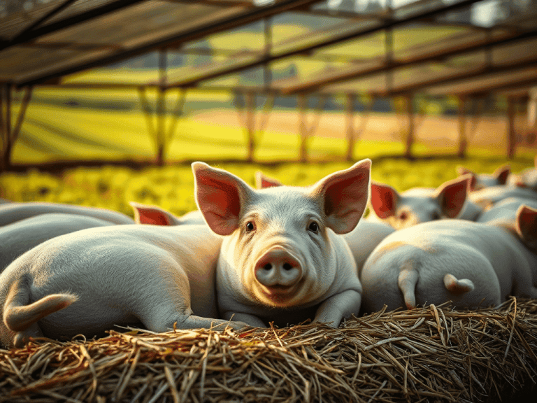 Suinocultura no Brasil — porco descansando sobre palha em galpão rural sustentável e organizado