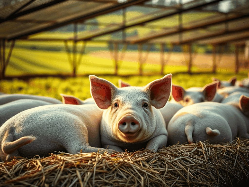Suinocultura no Brasil — porco descansando sobre palha em galpão rural sustentável e organizado