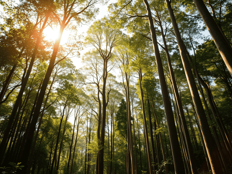 Vista de baixo para cima de uma plantação de eucaliptos com o sol brilhando entre as árvores altas e alinhadas.