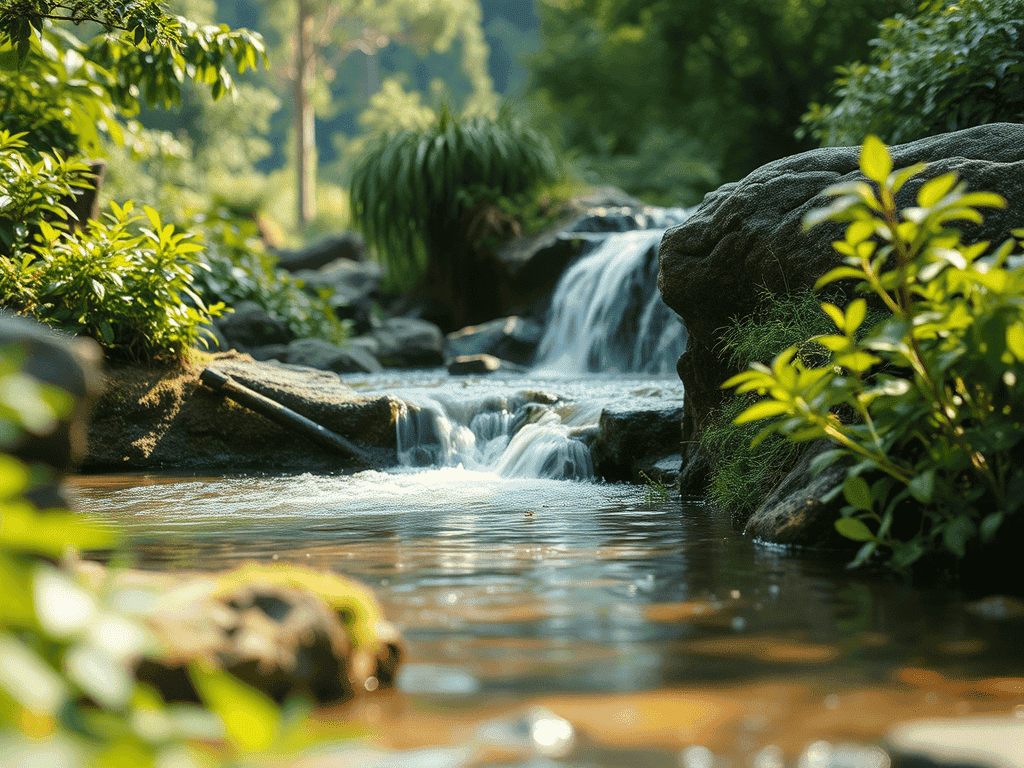 Pequena cascata fluindo entre pedras em um riacho cercado por vegetação densa e árvores ao fundo.