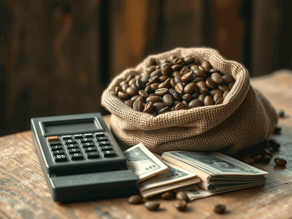 Saco de juta cheio de grãos de café ao lado de uma calculadora e maços de cédulas de dinheiro sobre uma mesa de madeira, simbolizando a análise de preços e economia do café.