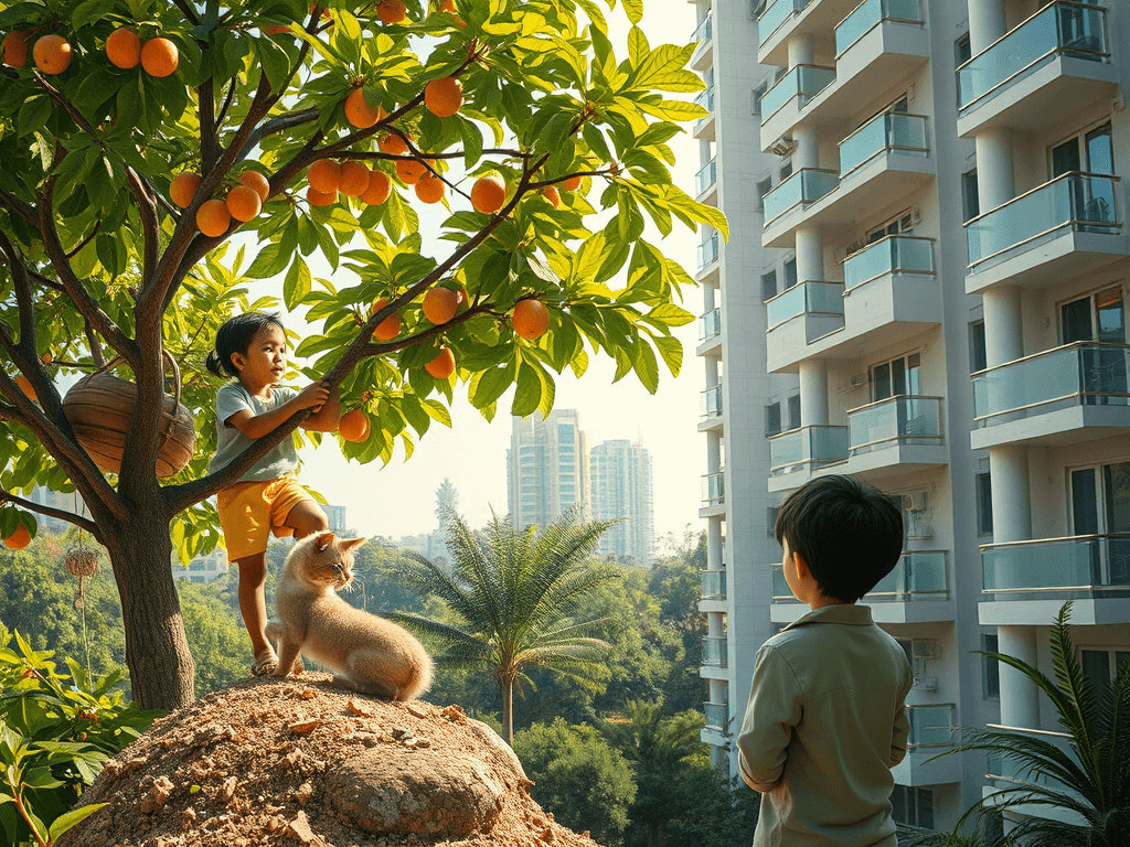 Uma criança colhendo frutas em uma árvore ao lado de um prédio, enquanto outra observa, destacando a relação entre infância, natureza e cidade.