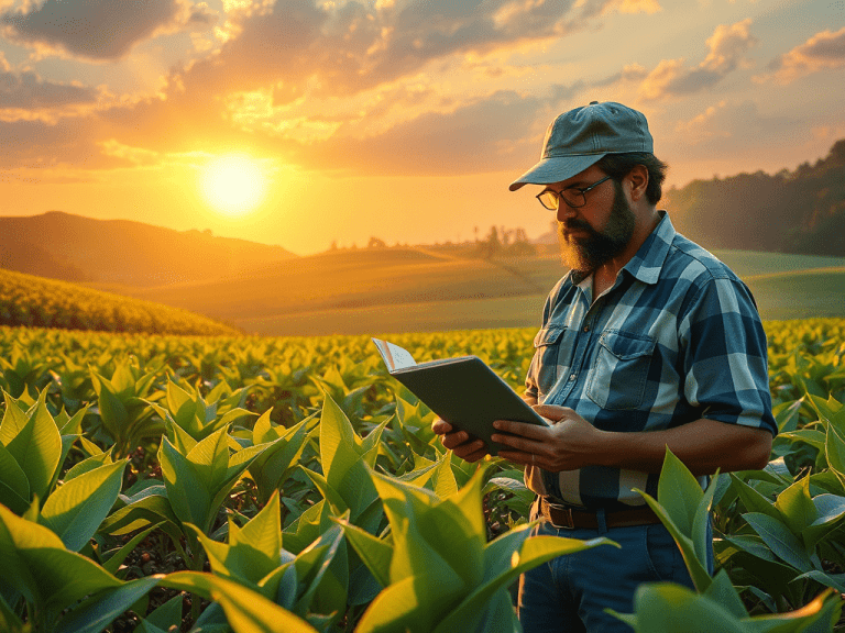 Homem com boné e camisa xadrez segurando um livro em uma plantação ao pôr do sol, simbolizando o uso da tecnologia no agronegócio.
