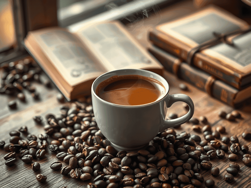Uma xícara de café quente entre grãos de café espalhados, com livros ao fundo em um ambiente iluminado pela luz natural.