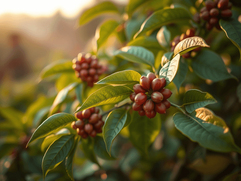 Ramos de cafeeiro com frutos vermelhos maduros e folhas verdes saudáveis, iluminados pela luz suave do sol.