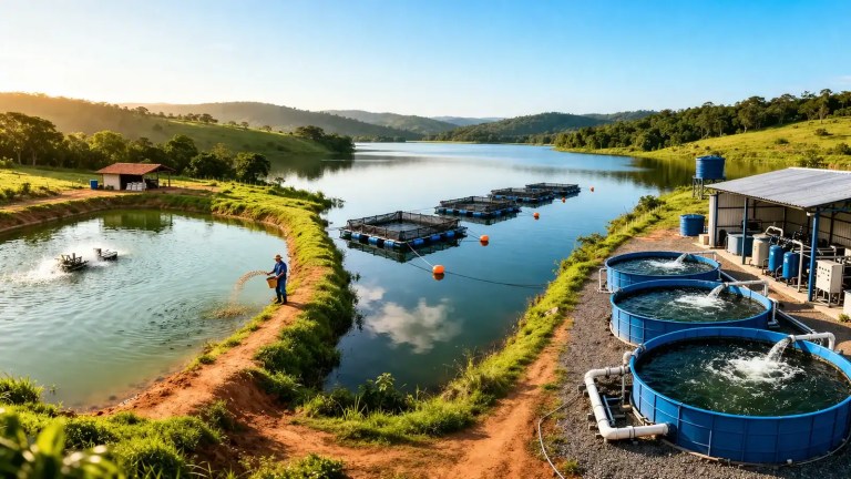Tipos de sistemas de produção na piscicultura com viveiro escavado, tanques-rede e sistema intensivo.