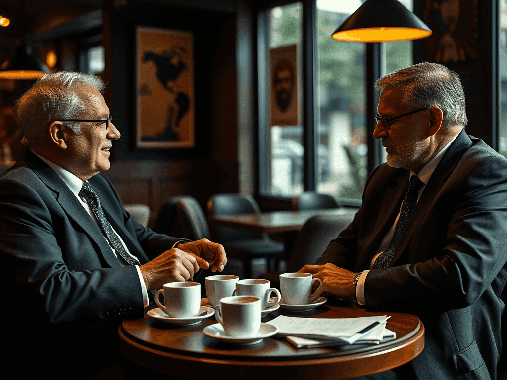Dois homens de negócios conversando em uma cafeteria, com xícaras de café sobre a mesa e um ambiente sofisticado ao fundo.