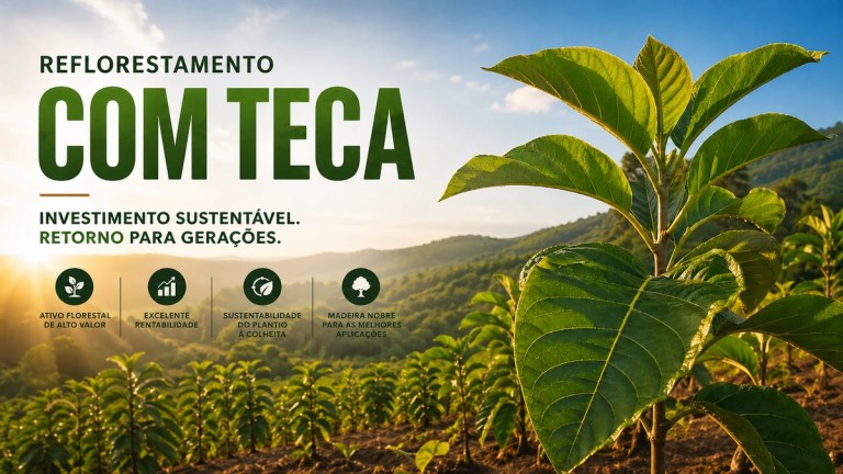 Plantio jovem de teca em área rural com destaque para o reflorestamento sustentável e produção de madeira nobre no Brasil