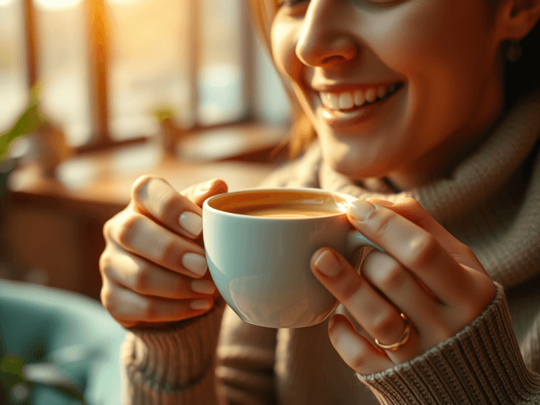 Mulher sorrindo ao apreciar os cafés especiais.