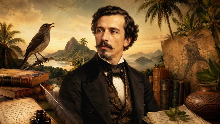 Gonçalves Dias com livros, palmeiras, sabiá, natureza brasileira e símbolos da identidade nacional