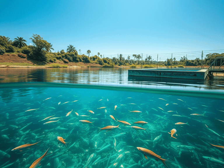 Imagem de tanques escavados e tanques circulares utilizados na piscicultura, demonstrando diferentes métodos de construção e gestão de viveiros para criação de peixes.