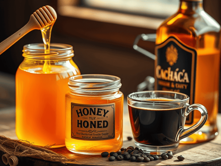 Imagem representando a exportação de mel, café e cachaça, produtos brasileiros reconhecidos mundialmente por sua excelência.