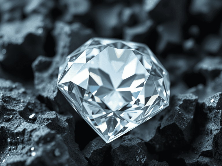 Uma imagem de um diamante lapidado com múltiplas facetas, refletindo a luz, colocado sobre uma superfície de rochas texturizadas de cor escura.