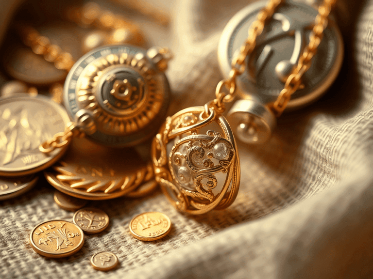 Uma imagem de joias de ouro e moedas dispostas sobre um tecido claro, com foco em um medalhão dourado ornamentado e decorado com detalhes florais e pérolas.