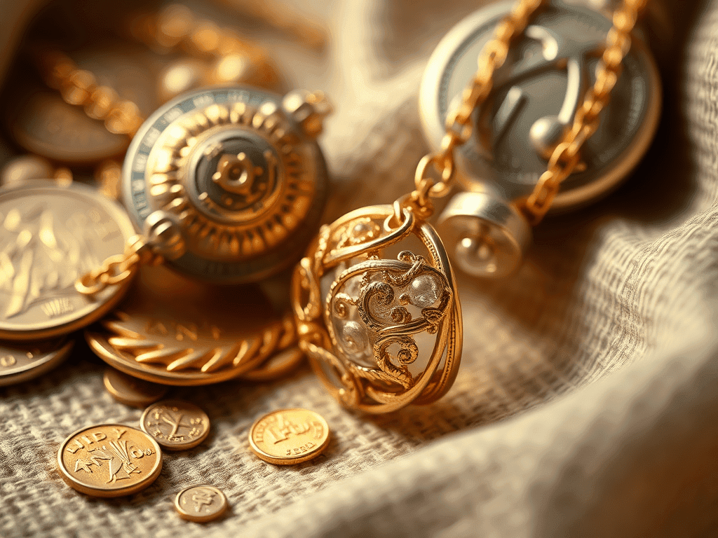 Uma imagem de joias de ouro e moedas dispostas sobre um tecido claro, com foco em um medalhão dourado ornamentado e decorado com detalhes florais e pérolas.