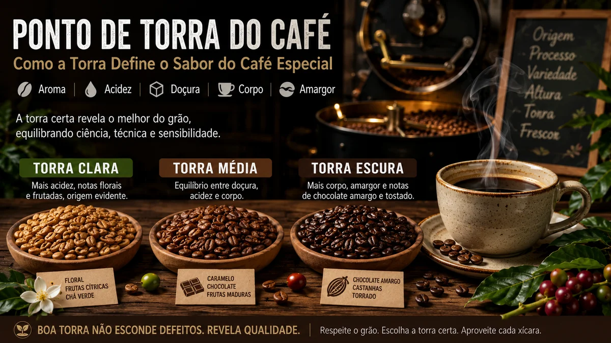 Ponto de torra do café especial com grãos claros, médios e escuros, torrador e xícara de café