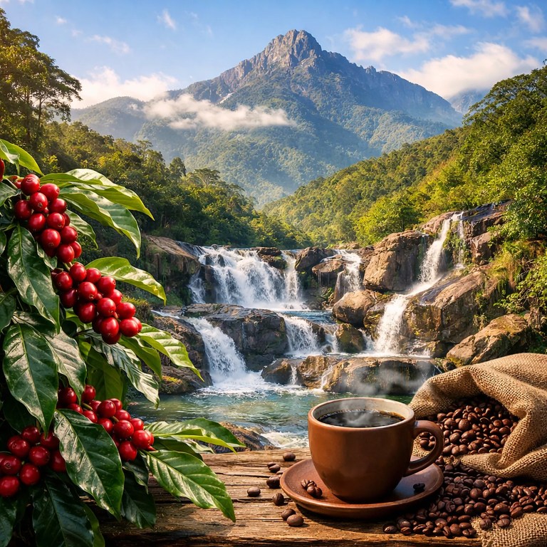 Paisagem do Caparaó Mineiro com montanha, cachoeiras, pés de café com frutos maduros e xícara de café especial em primeiro plano