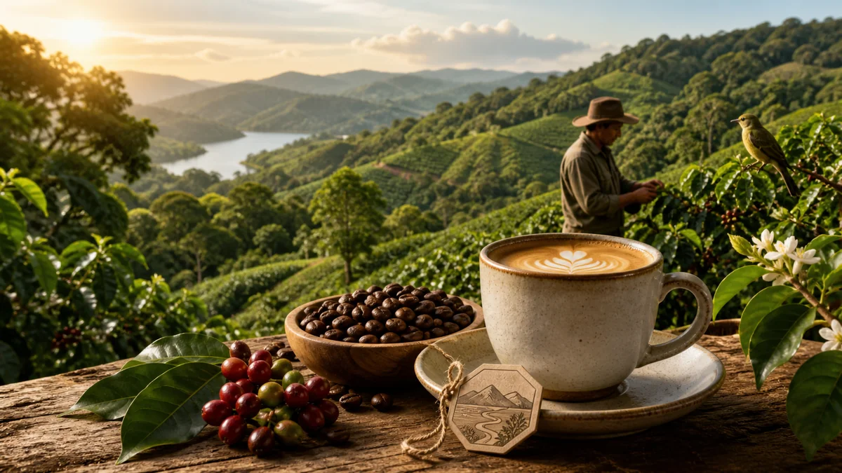 Café especial com xícara, grãos selecionados, produtor, lavoura sustentável e origem rastreável