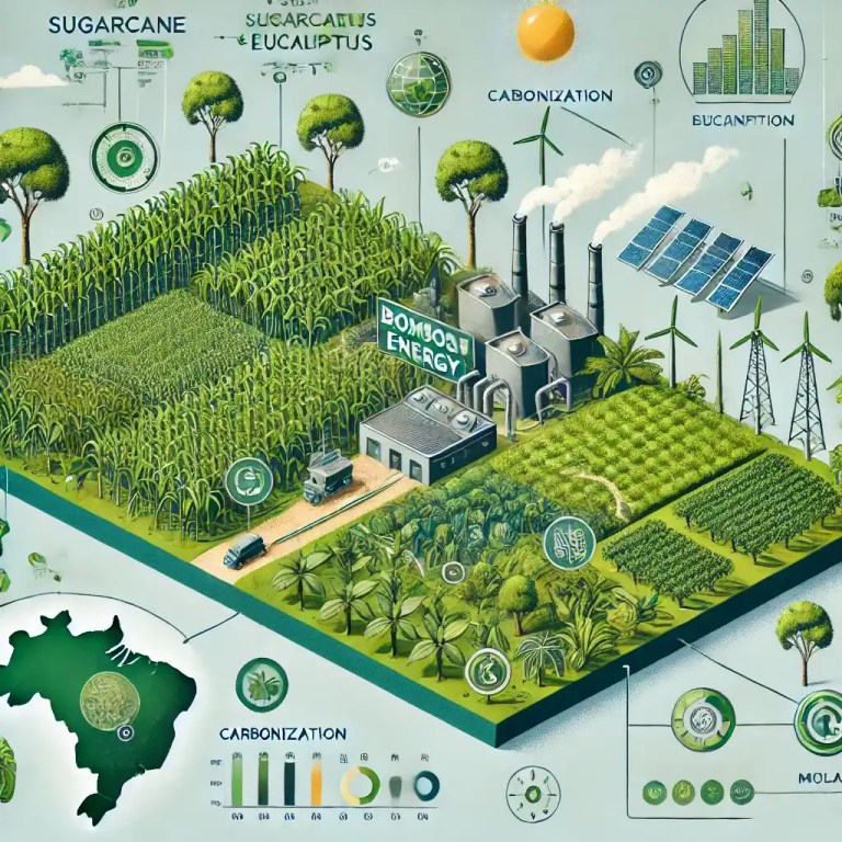 Ilustração de um cenário sustentável com plantações de cana-de-açúcar e eucalipto, uma usina de biomassa, painéis solares, turbinas eólicas e gráficos de impacto ambiental.
