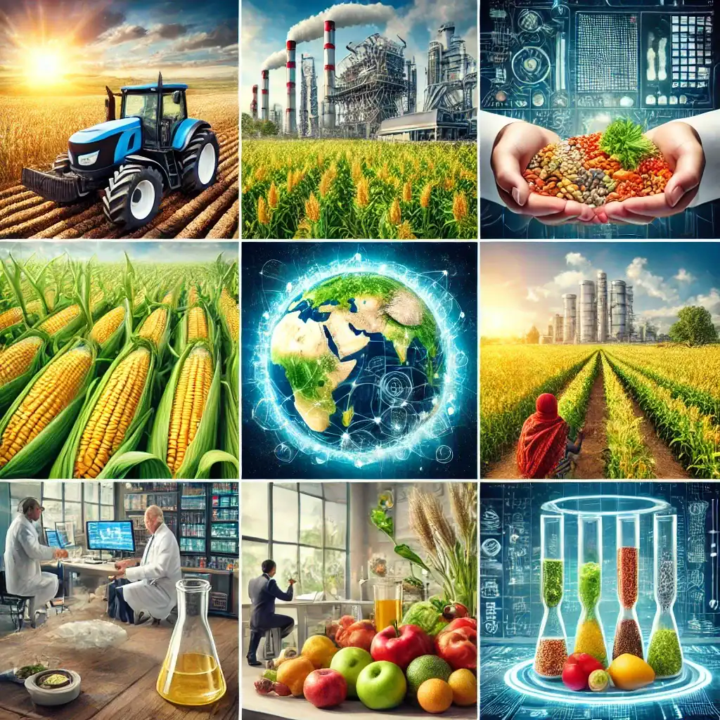 Colagem de imagens representando agricultura mecanizada, indústrias, ciência alimentar, frutas, e um globo com conexões digitais, mostrando os desafios e desigualdades na produção e distribuição de alimentos.