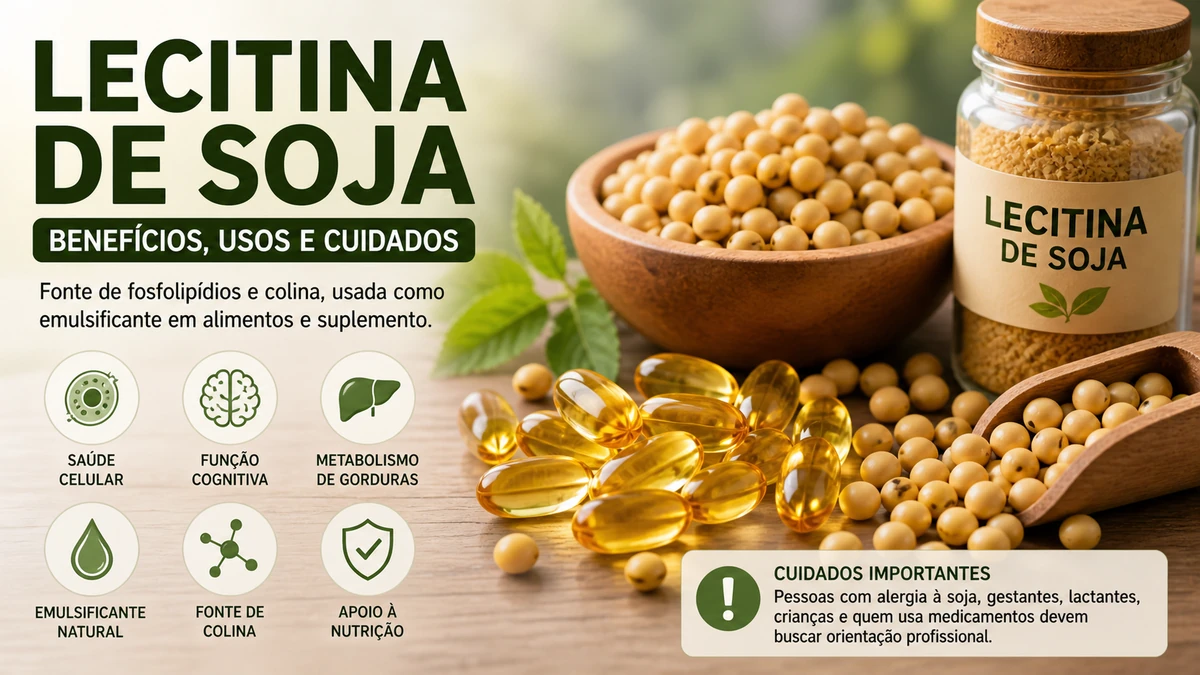 Lecitina de soja em cápsulas e grãos de soja representando seus usos, benefícios e cuidados para a saúde
