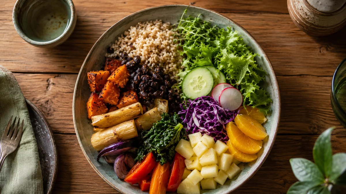 Prato equilibrado inspirado na dieta yin e yang com cereais, feijão, vegetais e frutas