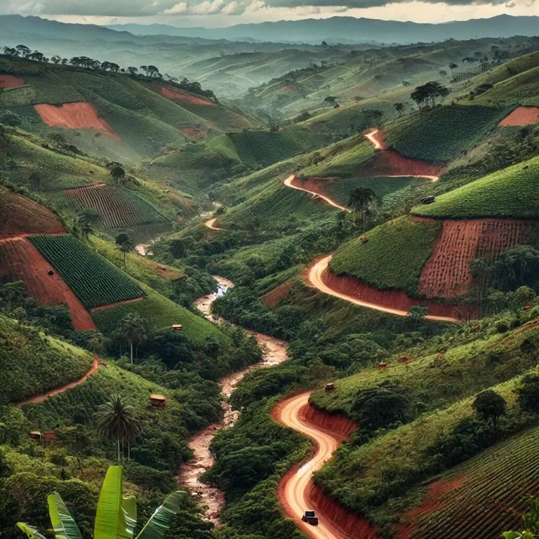 Vista aérea de lavouras de café em terreno montanhoso, com estradas de terra sinuosas cortando o vale e um rio ao centro, rodeado por vegetação e plantações organizadas.