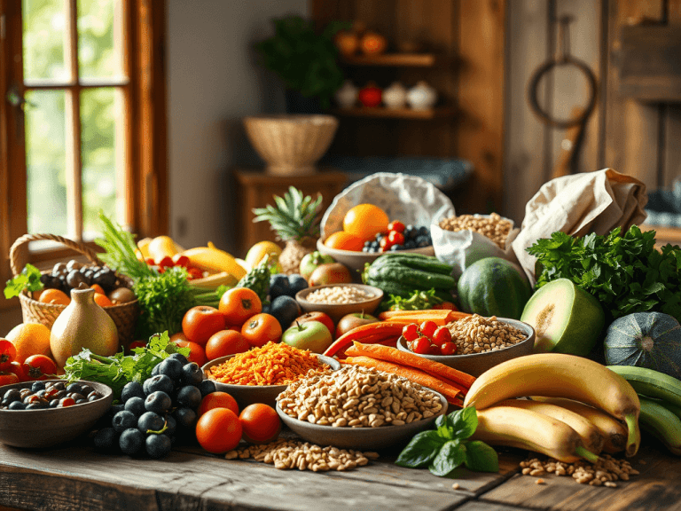 Alimentos integrais e naturais dispostos sobre uma superfície de madeira.