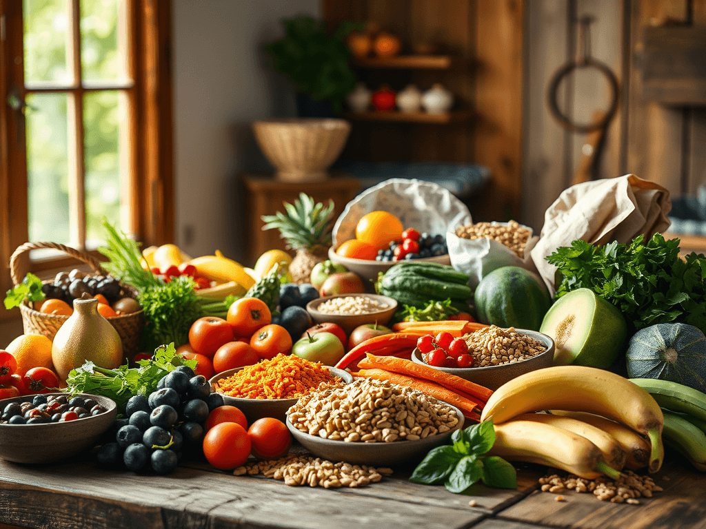 Alimentos integrais e naturais dispostos sobre uma superfície de madeira.
