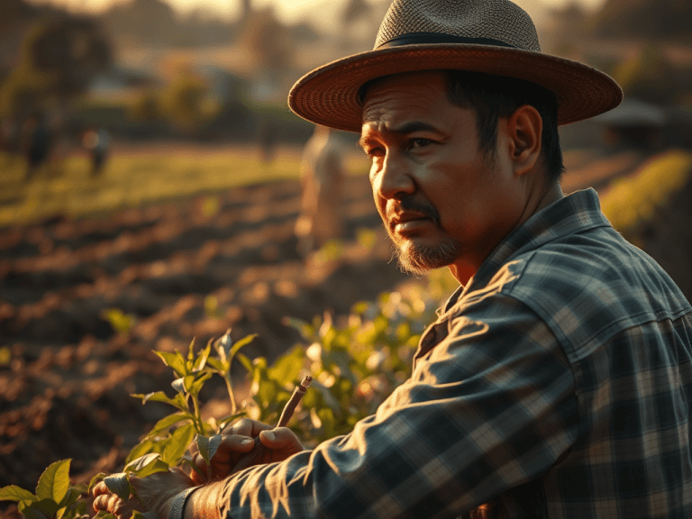Trabalhadores rurais e colheita manual ilustrando a falta de mão de obra na agricultura