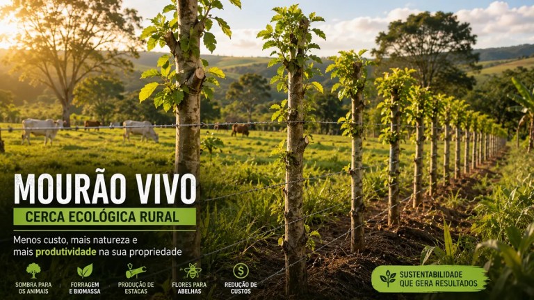 Mourão vivo de gliricídia em cerca ecológica rural com arame, pasto e árvores na propriedade